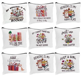 JEFBFBWE 8 Pcs Book Lovers Makeup Bag Set，Cosmetic Bag with Zipper Pouch for Teen Adult WomenA Perfect Blend of Style and Functionality(Book,Flower)