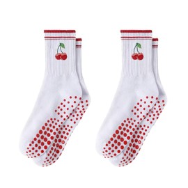 VACHAN Crew Grip Socks for Women Pilates Socks with Combed cotton Cute Cherry for Yoga Barre Hospital Mother's Day Gift (CA/US, Alpha, One Size, Regular, Regular, 2, white)