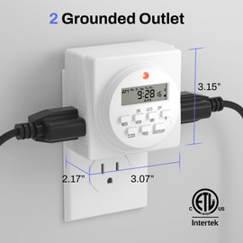 BN-LINK Indoor Digital Timer Outlet, Dual Outlet 7 Day Programmable Light Switch, 3 Prong Plug in Timers for Electrical Outlets, Lamps, Fans, 8 On/Off Programs, 1 Pack, 15A/1875W, ETL Listed
