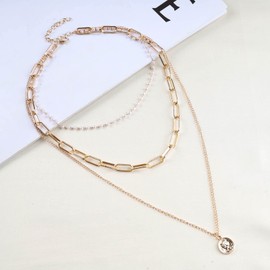 Inateannal Boho Gold Layered Necklaces Pearl Choker Necklace Chain Paper Clip Disc Coin Pendant Necklace Multilayer Chain Necklace Jewellery for Women and Girls Gifts