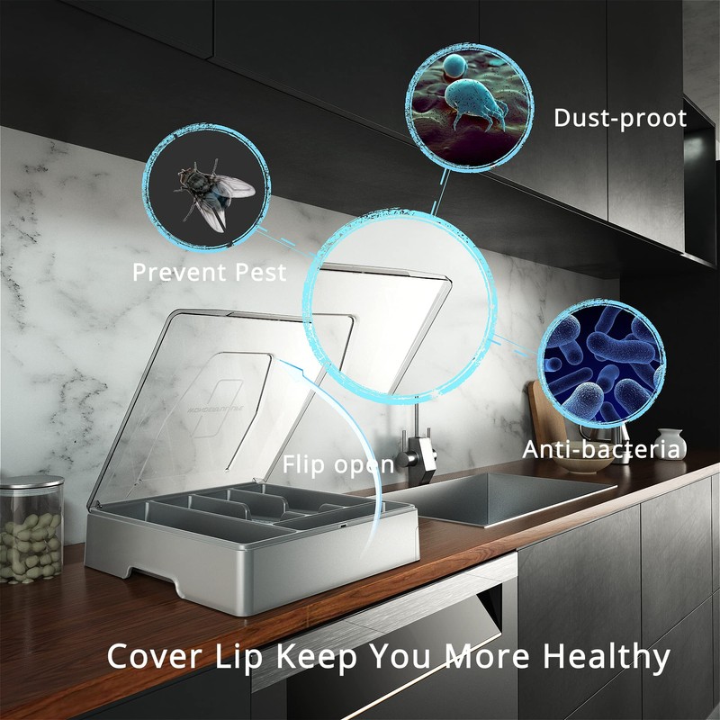 Kurberson Double Layer Silverware Organizer with Lid, Utensil Holder with