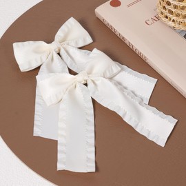 2PCS Hair Bows for Women Girls 4in Off White Tassel Hair Ribbon Bowknot Hair Clips Barrettes Hair Accessories for Teens Toddler Girls Kids with Long Tail
