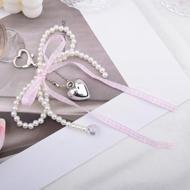 Guqqeuc Pink Bow Pearl Keychain for Women Girls Bow Pearl Bag Charm Y2k Bow Ribbon Keyring for Car Keys Bow Bag Accessories for Women Pearl Bow Keyring for Bag Handbag Phone Pink Ribbon Keyring