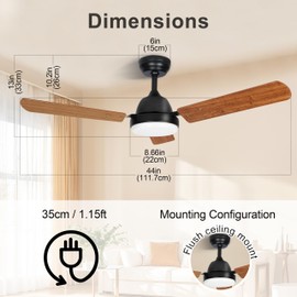 Xcity 44 Inch Ceiling Fan with LED Light, Remote and App Control, 6-Speed Reversible Airflow - Max 2300 CFM, 3 Color Temps, 4H Timer, Quiet DC Motor for Indoor Use
