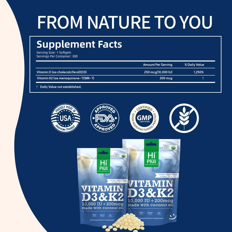 HiPlus Vitamin D3 & K2 Softgels | 10,000 IU D3