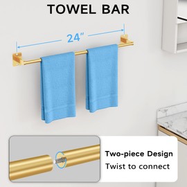 Toilet Roll Holder and Towel Rail Set, Gypie 4 Pieces Gold Bathroom Accessories Set, Metal Bathroom Hardware Set Includes 24″ Towel Rail, Toilet Roll Holder, Towel Ring, and Wall Hook