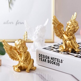 OwMell Set of 2 Cherubs Angels Resin Statue Figurine, Indoor Home Decoration, Adorable Angel Sculpture Memorial Statue 4" - Gold