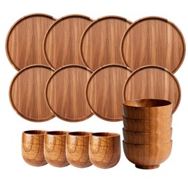 Wood Dinnerware Set,8 Inch 10 Inch Round Plates,Bowls and Cups,16 Pcs