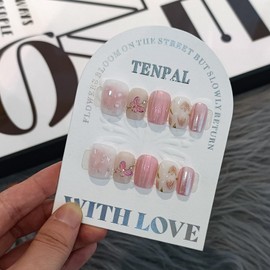 TENPAL Cute Sparkling 3D Butterfly Hand-Painted Florals Fake Nail Kit with Tools,Handmade Press on Nails Short Square, Aurora Glitter Pink Nails Press ons,Sweet Edgy Reusable False Nails for Women(L)