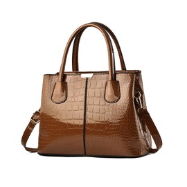 NICOLE & DORIS Handbags Women's Fashion Crocodile Embossed Handbag Patent Leather Handbag Shopper Shoulder Bags Women's Bag with Zip, khaki, Elegant