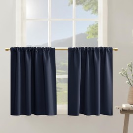 Heat Blocking Blackout Navy Blue Kitchen Cafe Curtains 30 Inch Length for Bathroom,42 Inch Wide Thermal Insulated Rod Pocket Short Curtains 30 Inches Long for Basement RV Small Window,2 Panels Set