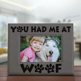 KATE POSH - You had me at WOOF Engraved Leather Picture Frame - Dog Lover Gifts, Birthday Gifts, Pet Memorial Gifts, New Puppy Gifts, Paws and Bones Decor (4x6-Horizontal)