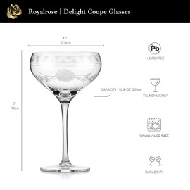 Royalrose Premium Delight Coupe Glasses Set of 4, 10.8 oz – Hand-Blown with Etched Long Stem, Classic Glassware for Weddings, Dinners, and Holiday Gifting (Coupe Glasses)