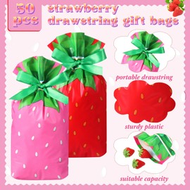 Pasimy 50 Pcs Strawberry Gift Bags Bulk 5.9 x 9 in Plastic Red Pink Strawberry Party Drawstring Favor Treat Goodie Candy Bags for Strawberrys Party Strawberrys Birthday Decorations Supplies, 2 Designs