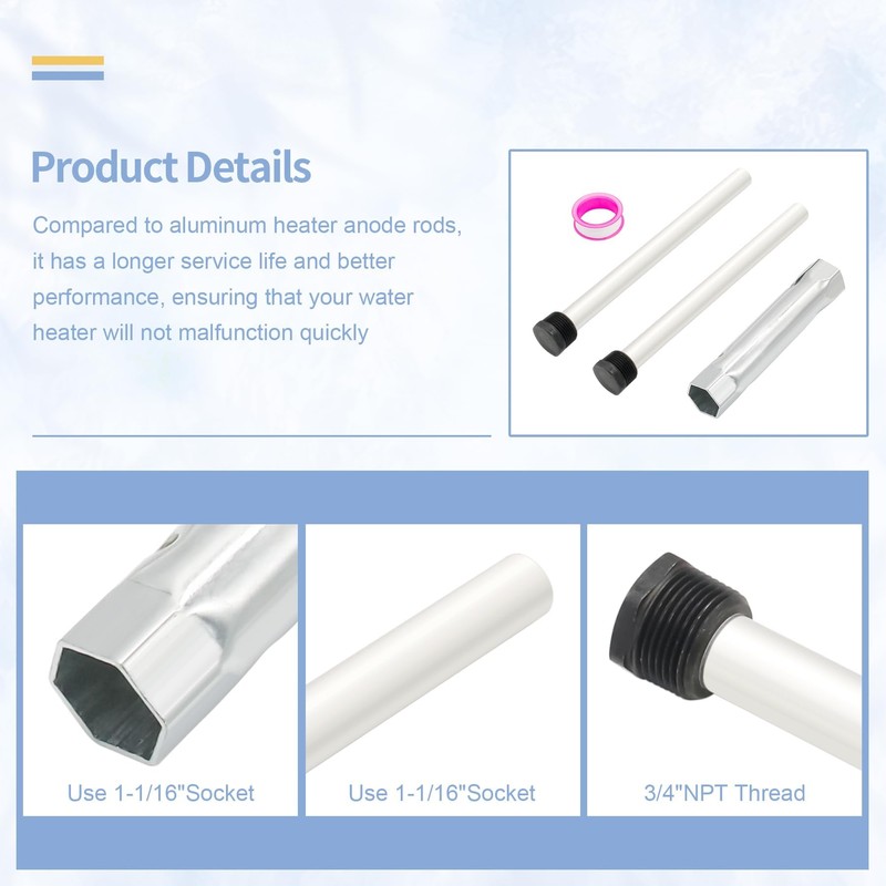yrjns RV Water Heater Anode Rods with 1-1/16 inch Socket,