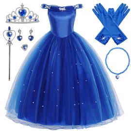 YOSICIL Princess Cinderella Cinderella Costume Dress Fancy Dress with Crown Gloves Fancy Dress Girls Dress Up Cosplay Fancy Party Outfit for Girls, Blue, 130