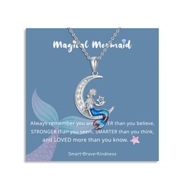 Dainty Mermaid Necklace, Elegant Star Moon Pendant, Mermaids Jewelry Gifts for Women Birthday Graduation (Mermaid Necklace-Moon B)