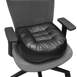 YOUFI Leather Seat Cushion Extra-Thick Booster for Office Chair to Rise Height - Full Filling for Support - with Breathable Cover, Handle and Buckle - Relieves Back Pain – 18"x16"x6" (Black)