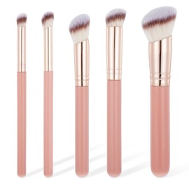 5 Pcs Angled Makeup Brush Set, Multi-functional Cosmetic Brushes, Portable Foundation Concealer Brushes, Soft Comfortable Contour Brush for Women's Eye Shadow Setting Makeup, Pink