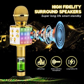 ShinePick Karaoke Microphone, Wireless Bluetooth Karaoke Microphone Children, Portable LED 4-in-1 Sing Microphone for Home KTV Karaoke Compatible with iOS Android PC (Gold)