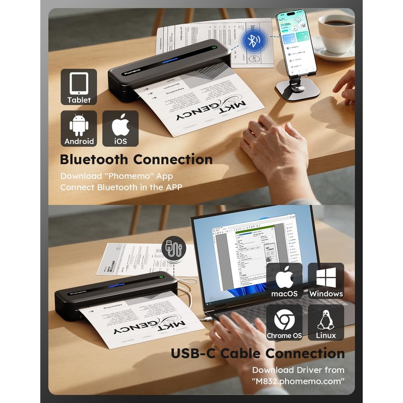 Phomemo Portable Printers Wireless for Travel, Inkless Portable Thermal Printer