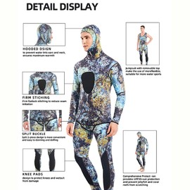 3mm Neoprene Spearfishing Wetsuit with Hooded, 2-Pieces Long Sleeve Camouflage Hunting Diving Suit with Chest Pad for Cool Water Snorkeling Freediving (Mosaic, XXX-Large)