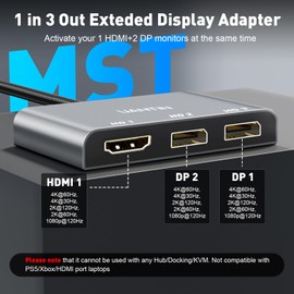 UANTIN DisplayPort to Dual DisplayPort with HDMI Splitter for 3 Monitors Extended Display Adapter 4K@60Hz 1 in 3 Out MST Hub for Multiple Monitor DP Compatible with NVIDIA/AMD Graphic Card