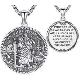 Aniu S925 Sterling Silver St Christopher Medal Necklace for Men Women Saint Cristopher Pendant Catholic Medallions Jewelry with Gift Box