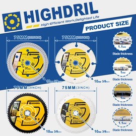 HIGHDRIL 3" 75mm Circular Saw Blade Set 4pcs - Diamond/HSS/Carbide Cutting Disc for Angle Grinder Cutting Porcelain Tile Ceramic Marble Granite Wood Plastic Metal