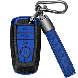 TOGAFEY for Ford Key Fob Cover Soft TPU with Leather Keychain Key Case Shell Full Protection Compatible with Ford Explorer Mustang Fusion Escape F150 F250 F350 F450 F550 Edge 5 Button, Blue