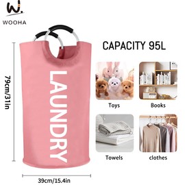 WOOHA 95L Large laundry basket,Collapsible laundry hamper, Tall Clothes Baskets Folding Washing Bin Foldable Fabric Hamper Bags for Bedroom, Closet,Bathroom,College,laundry bag,pink