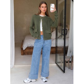 EXLURA Women's 2025 Knit Cardigan Sweaters Early Fall Fashion Long Sleeve Open Front Button Down Trendy Casual Cropped Jacket Green