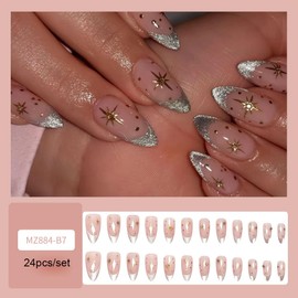 LPOODDNU Almond Press on Nails French Tip Fake Nails with Gold Star Designs Medium Length Glue on Nails Glossy Artificial Nails Cute Acrylic Nails Press ons Full Cover Stick on Nail for Women 24Pcs