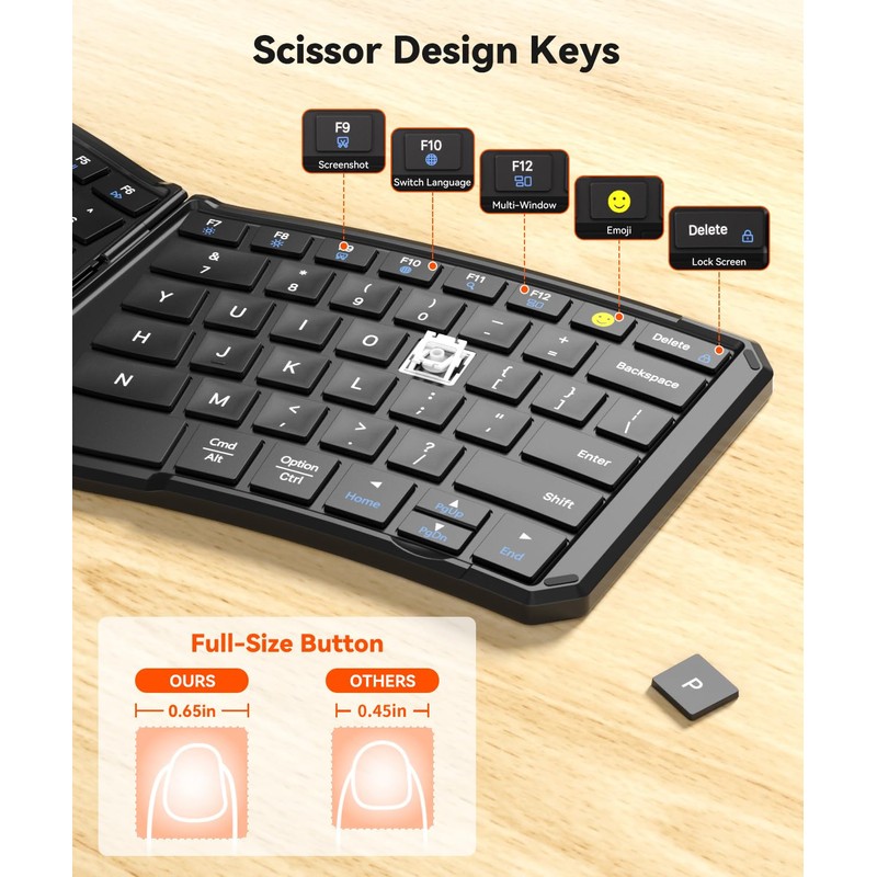 Ergonomic Foldable Keyboard, Portable Folding Travel Bluetooth Keyboard for Business