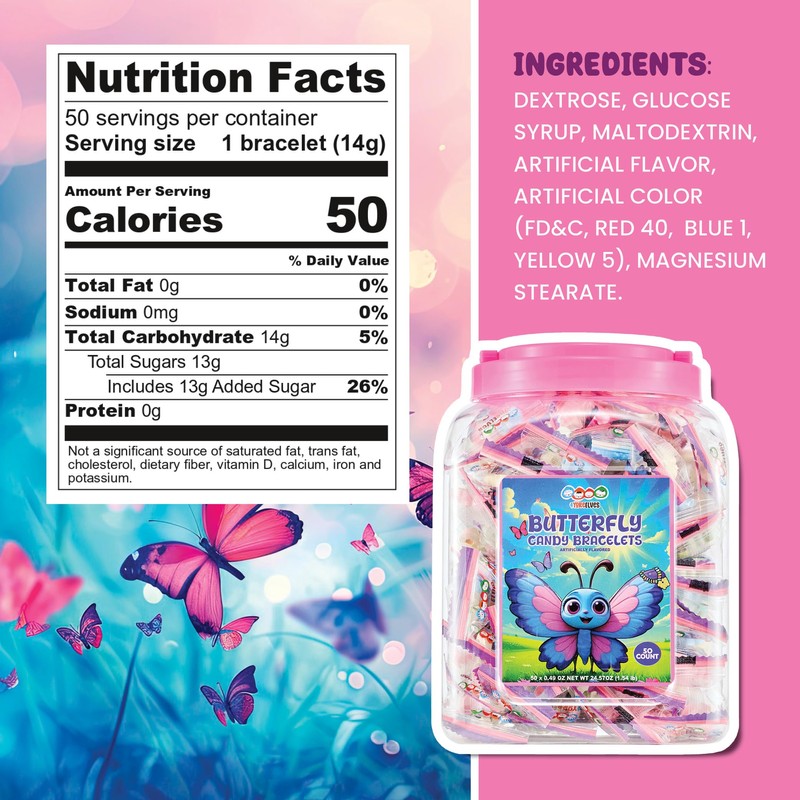 50 Butterfly Candy Bracelets, Novelty Pastel Candy Bracelets with Butterfly