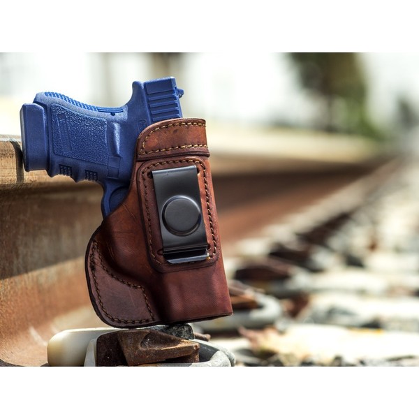 OUTBAGS USA LS2G43 (Brown-Right) Full Grain Heavy Leather IWB Conceal Carry Gun Holster for Glock 43 G43 9mm. Handcrafted in USA.