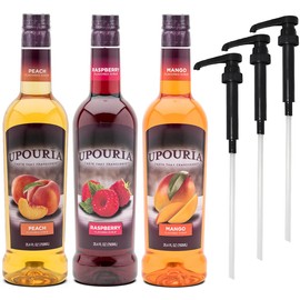 Upouria Coffee & Tea Syrup Variety Pack, Raspberry, Mango, and Peach Flavoring, 100% Vegan, Gluten-Free, Kosher, 750 mL Bottles with 3 - Coffee Syrup Pumps
