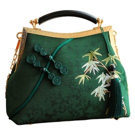 Anopo Women's Embroidered Clutch Chinese Style Vintage Handbag with Tassel Pendant Shoulder Bag for Hanfu Cheongsam, dark green