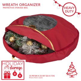 Simplify 36 Inch Wreath Bag | Christmas Storage | Holiday Decorations | Round Zippered Bag | Protects Wreathes | Heavy Duty | Collapsible | Red