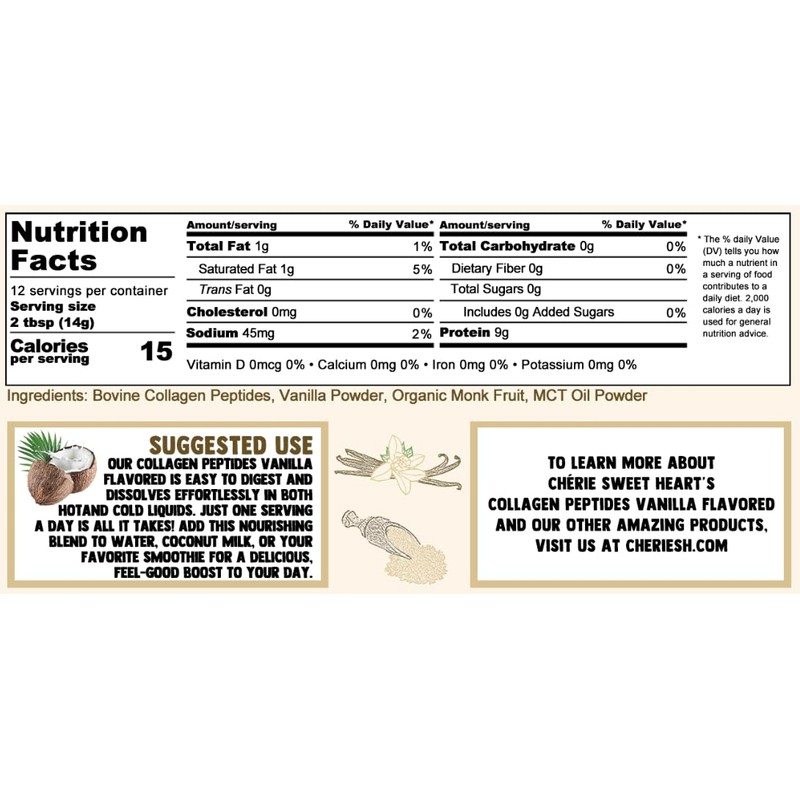 Cherie Sweet Heart Collagen Peptides Powder Vanilla - 12 Servings,