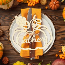 12 Pcs Thanksgiving Pumpkin Wooden Plate Decor Grateful Wood Cutouts Fall Autumn Thankful Blessed Favour Gather Party Place Card Table Settings Signs for Farmhouse Dining Table Holiday Harvest