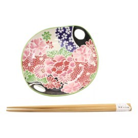 Ebros Gift Pink Cherry Blossoms Small Appetizer Coupe Plate Flat Bowl With Chopsticks Set