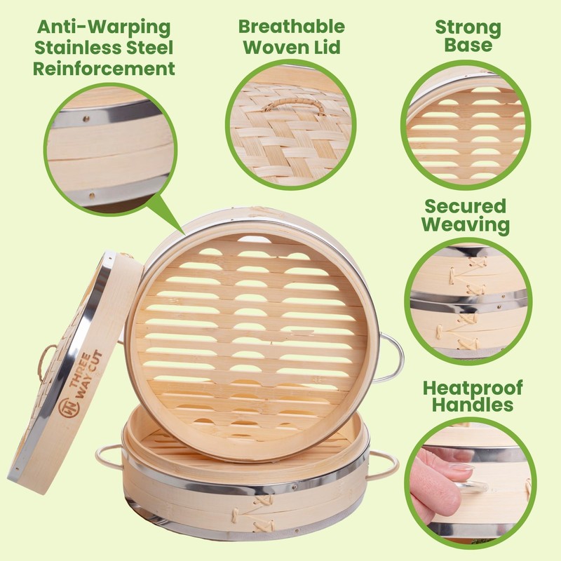 Dumpling Bamboo Steamer 10 Inch 2 Tier Wooden Basket With
