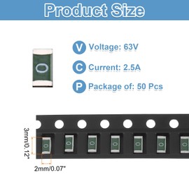 MECCANIXITY 50Pack 63V 2.5A Surface Mount Device Fuse, One Time Fast Acting Surface Mount 1206 Square Ceramic Fuses for LED Lighting Battery Devices Telecom System Over Current Protection