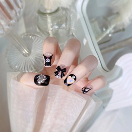 24PCS Cute Pretty Press on Nails,Medium Kawaii 3D Cartoon False Nails,Black Coffin Fake Nails with 3D Bow Flash Diamond Design,Glossy and Full Cover Acrylic Nails for Women or Girls