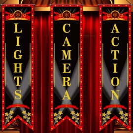 Movie Night Porch Sign Banner Movie Theme Party Decorations Movie Theater Welcome Now Showing Lights Camera Action Hanging Porch Sign for Home Film Backdrop Party Supplies (Delicate Style, 3 Pieces)