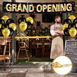 Grand Opening Ribbon Cutting Ceremony Kit Grand Opening Banner Decorations with 10'' Scissors 40 Pcs Balloons Satin Ribbon Bows and More Supplies for Business Events(Black Gold)