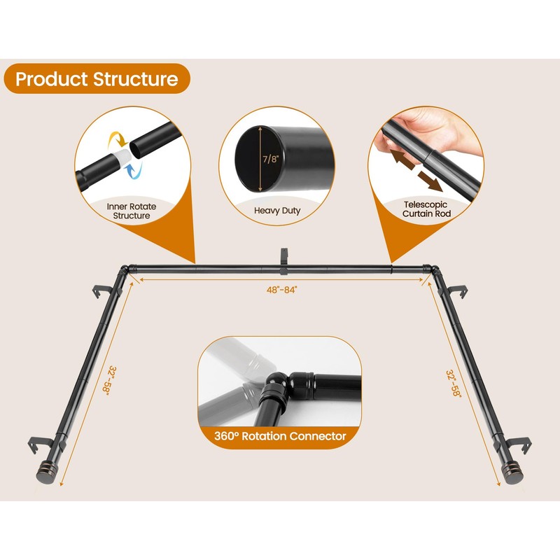 Bay Window Curtain Rods, HOTOZON 7/8 Inch Heavy Duty Curtain