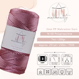 Makromecity Macrame Yarn 2 mm x 230 m, Premium Polyester Macrame Cord, Polypropylene Yarn for Crafts, Home Decorations, Place Mats, Shoulder Bags, Handbags, Runners, Comforters, Chains
