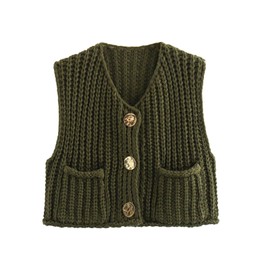 Felcia Womens Sweater Vest Sleeveless V Neck Button Down Knitted Waistcoats Casual Cropped Sweater Tank Tops with Pockets Y2k Streetwear (A-Army Green, M)
